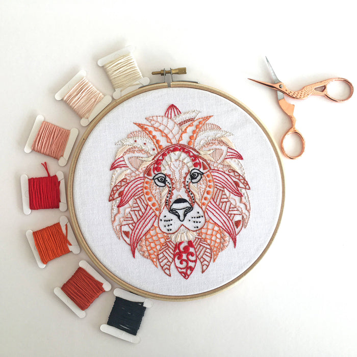 Lion Embroidery Kit: Boxed kit with hoop