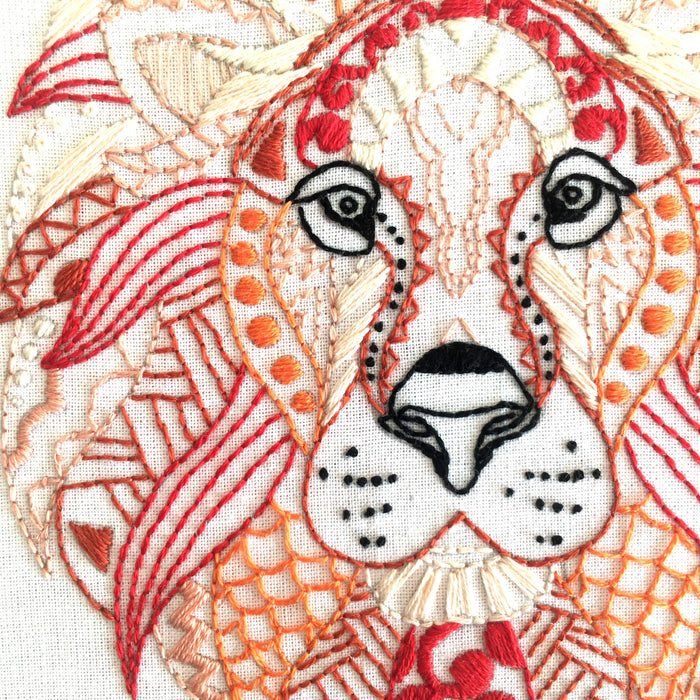 Lion Embroidery Kit: Boxed kit with hoop