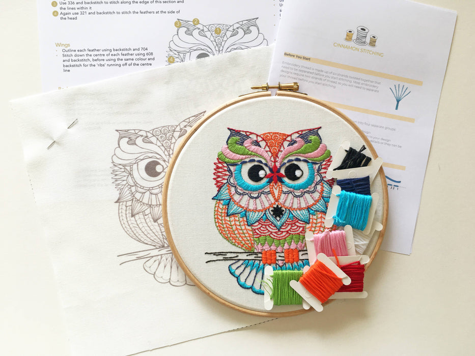 Owl Embroidery Kit: Boxed kit with hoop