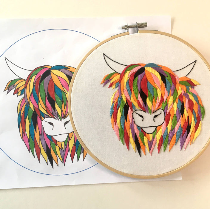 Highland Cow Embroidery Kit: Boxed kit with hoop