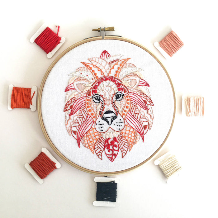 Lion Embroidery Kit: Boxed kit with hoop