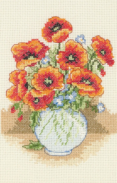 Anchor Starter Cross Stitch Kit - AK122, Poppy Vase Cross Stitch Kits - HobbyJobby