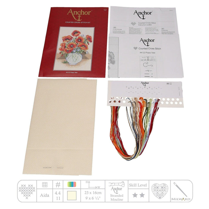 Anchor Starter Cross Stitch Kit - AK122, Poppy Vase Cross Stitch Kits - HobbyJobby