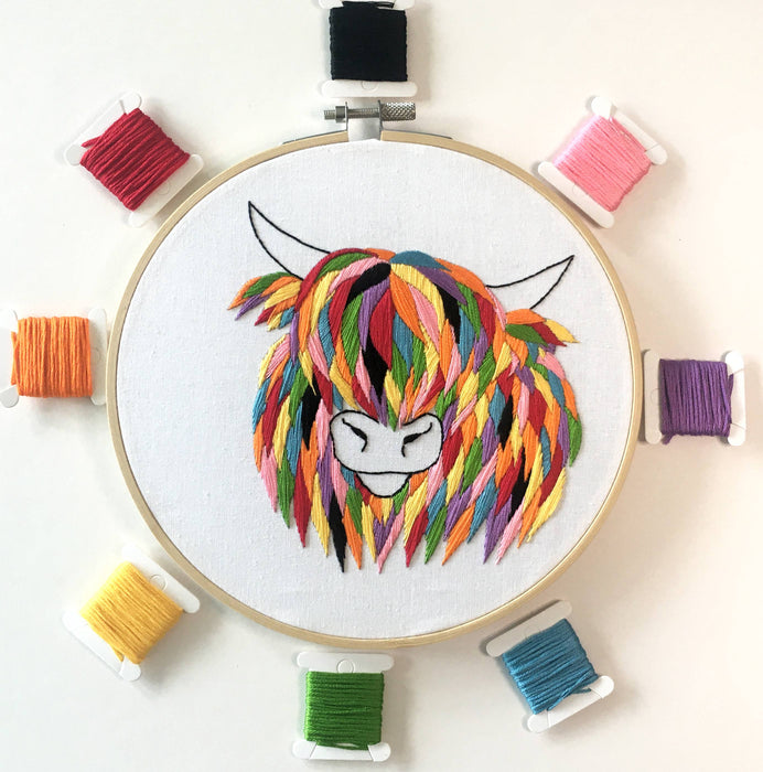 Highland Cow Embroidery Kit: Boxed kit with hoop