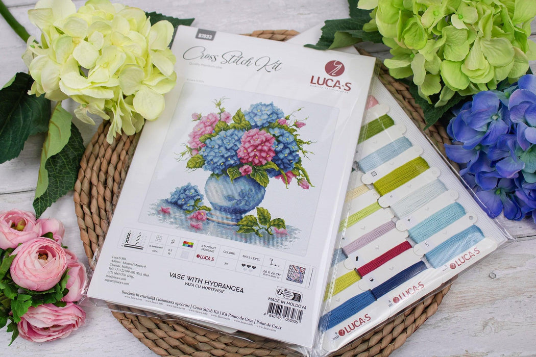 Cross Stitch Kit Luca-S -Vase with Hydrangea, B7033 Luca-S Cross Stitch Kits - HobbyJobby