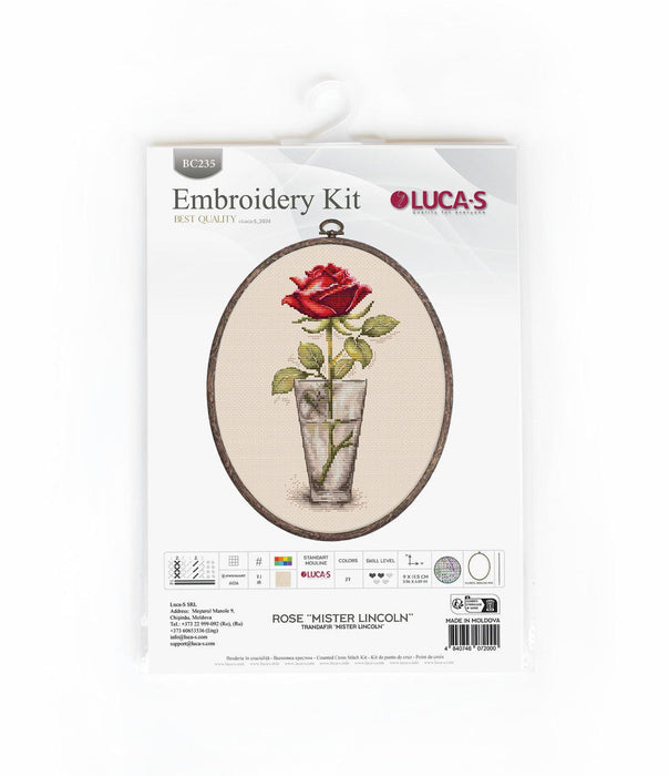 Cross Stitch Kit with Hoop Included Luca-S - Rose “Mister Lincoln”, BC235 Luca-S Cross Stitch Kits - HobbyJobby