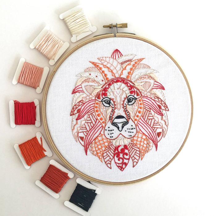 Lion Embroidery Kit: Boxed kit with hoop