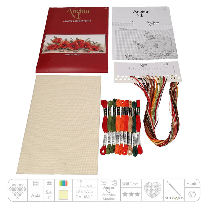 Cross Stitch Kit Anchor - Spray of Poppies Cross Stitch Kits - HobbyJobby