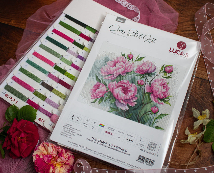 Cross Stitch Kit Luca-S - B7019, The Charm of Peonies Cross Stitch Kits - HobbyJobby