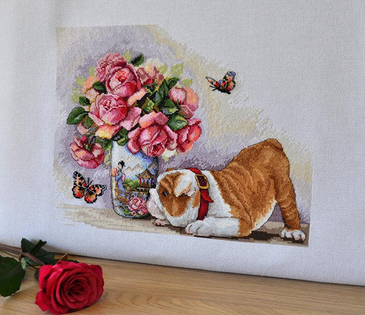 Cross Stitch Kit Merejka - Bulldog & Butterflies, K-94 Cross Stitch Kits - HobbyJobby