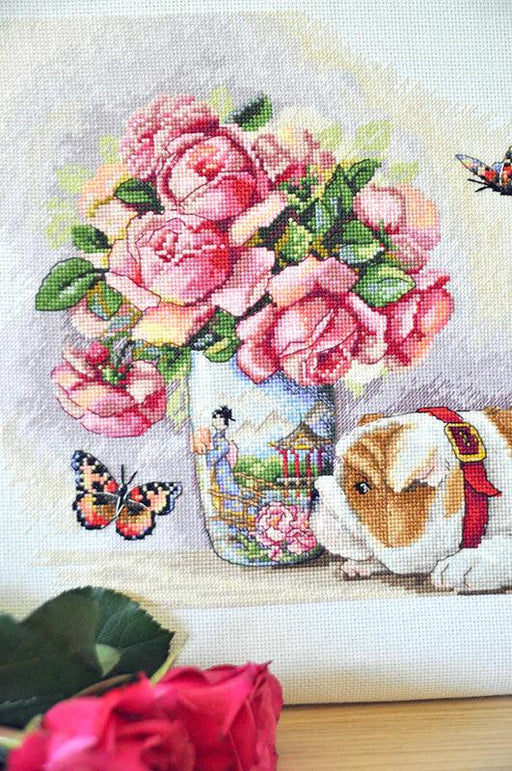 Cross Stitch Kit Merejka - Bulldog & Butterflies, K-94 Cross Stitch Kits - HobbyJobby