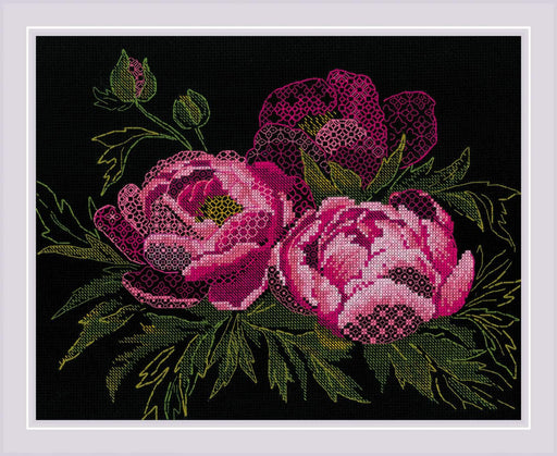 Cross Stitch Kit Riolis - Lace Peonies, R2024 Cross Stitch Kits - HobbyJobby