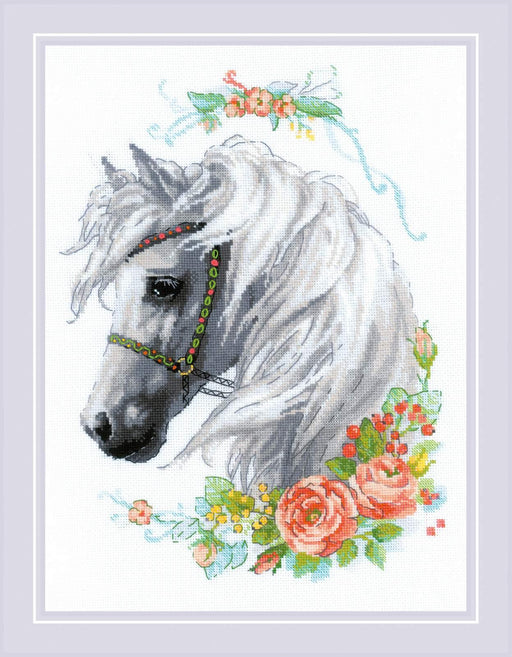 Cross Stitch Kit Riolis - White Mane and Roses, R1804 Cross Stitch Kits - HobbyJobby