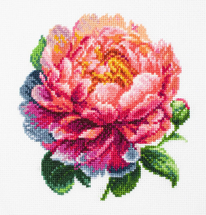 Cross Stitch Kit with Hoop Included Luca-S - BC205 ’’Coral Charm’’ Peony Cross Stitch Kits - HobbyJobby