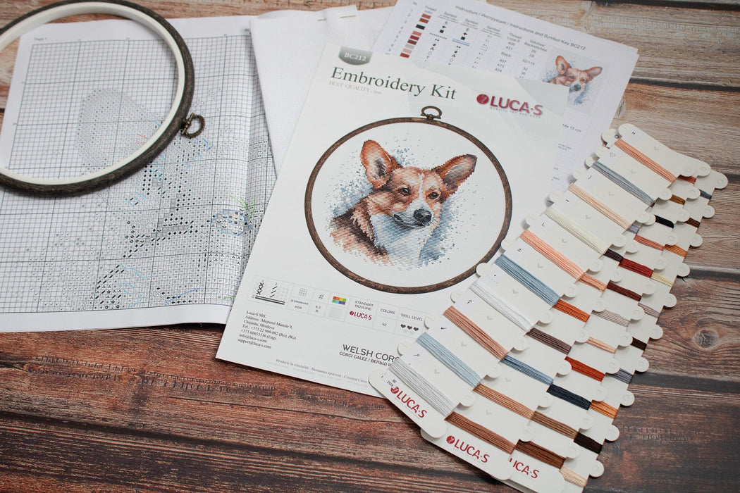 Cross Stitch Kit with Hoop Included Luca-S - BC212, Welsh Corgi Cross Stitch Kits - HobbyJobby