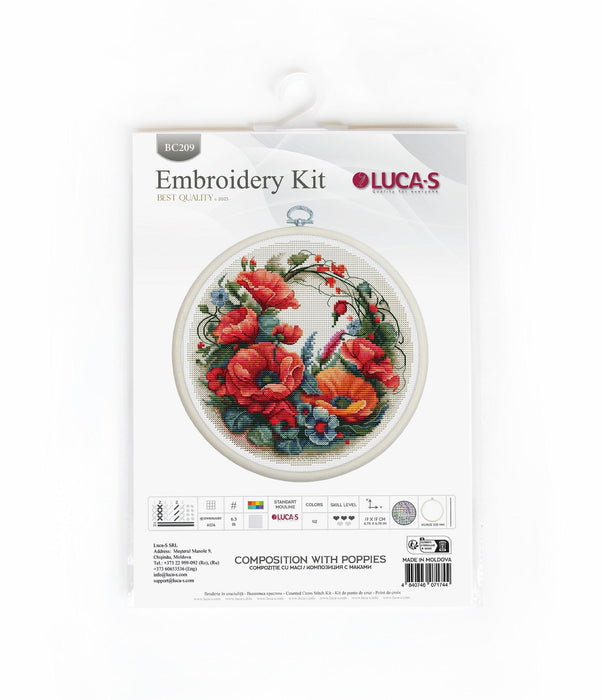 Cross Stitch Kit with Hoop Included Luca-S - Composition With Poppies, BC209 Cross Stitch Kits - HobbyJobby