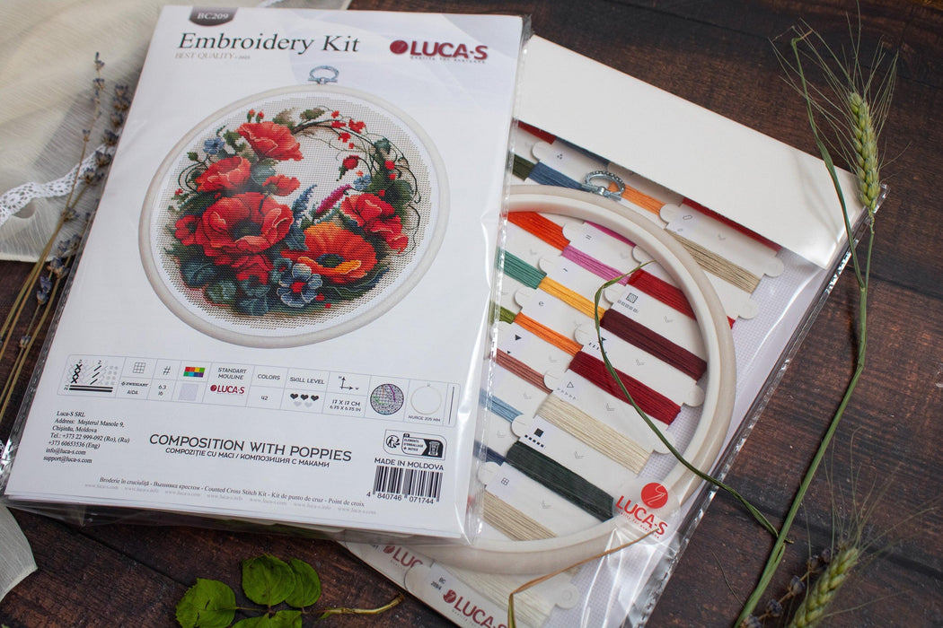 Cross Stitch Kit with Hoop Included Luca-S - Composition With Poppies, BC209 Cross Stitch Kits - HobbyJobby